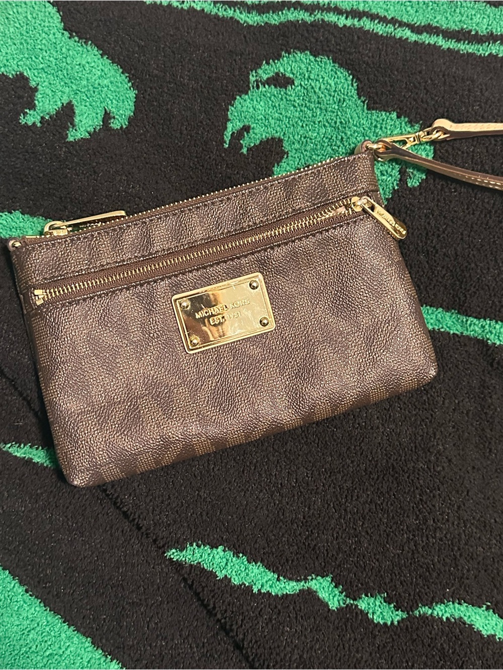 Michael Kors Dark Brown Signature Wristlet with Gold Hardware